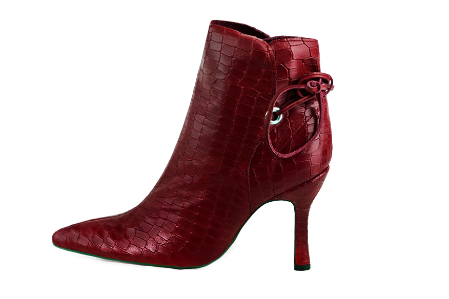 Burgundy red women's ankle boots with laces at the back. Tapered toe. Very high spool heels. Profile view - Florence KOOIJMAN